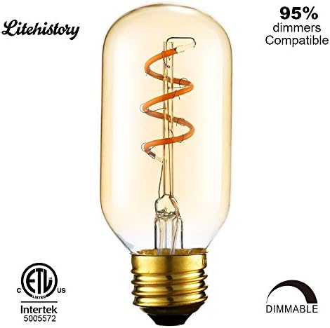 LiteHistory Deep Dimmable 3W T14/T45 Vintage led edison bulb,ETL Spiral flexible led tubular light bulb,E26 Antique Squirrel cage bulb,130lm,40W equivalent,Ultra Warm white 2200K,Amber/Tinted,1-Pack
