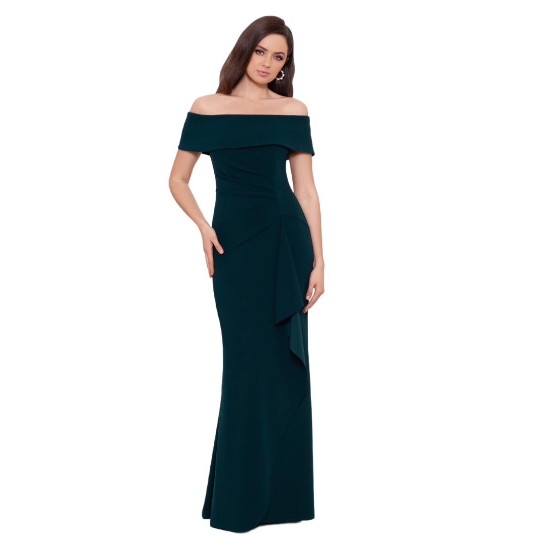 Photo 1 of Xscape Women's Long Scuba Crepe Off-The-Shoulder Dress with Center Back Zipper, Pine, 16