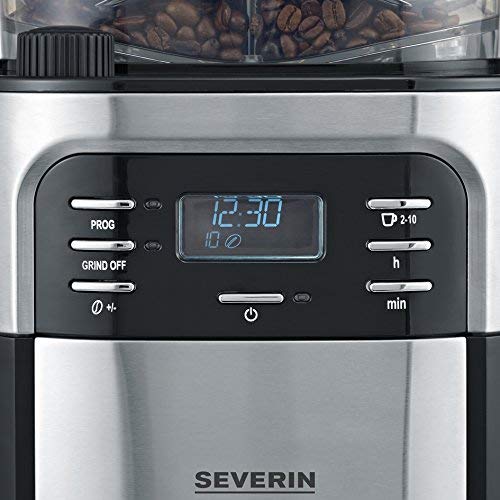 SEVERIN-Kaffeeautomat-mit-Mahlwerk-und-Glaskanne-Fr-Kaffeebohnen-und-Filterkaffee-Timerfunktion-Automatische-Abschaltung-bis-zu-10-Tassen-KA-4810-EdelstahlSchwarz