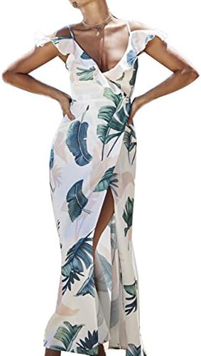 Lily Rosie Girl Women Casual V-neck Floral Print Off Shoulder Lace up Sexy Maxi Beach Dresses,White3,Large