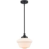SAMTEEN 10-Inch Black Schoolhouse Pendant Light with White Glass Shade Schoolhouse Light Fixture Adjustable Height Modern Sch