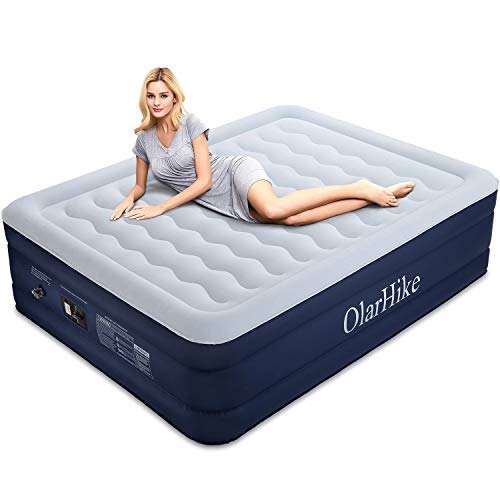 OlarHike Queen Air Built-in Pump, Puncture Proof Blow up Inflatable Mattress with Comfort Flocked, Raised 18''High Airbed for Guests Camping Travel, 80x60x18inches, Ocean Blue