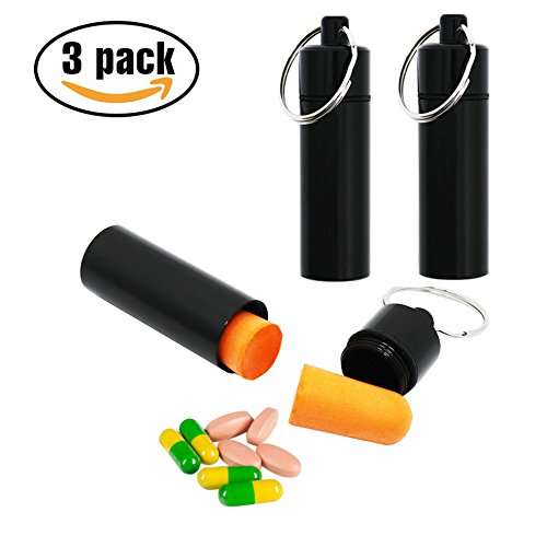 3 Packs Aluminum Waterproof Pill Holder, Effiet Pillbox Case Fob Medicine Bottle Drug Holder Compact Container Keychain Pill Box Case with Bonus Earplug Ear Plugs (Black) - Thumbnail 7