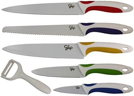 Glip 6-Piece Ceramic Steel Knife Set, Includes 8-Inch Chef Knife, 8-Inch Bread Knife, 8-Inch Slicing Knife, 5-Inch Fruit Knife, 3-Inch Fruit Knife, Ceramic Peeler, White