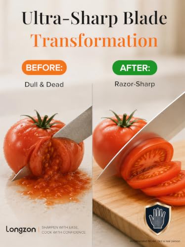 longzon Knife Sharpener 6-in-1 Manual Sharpening Tool with Cut-Resistant Glove, for Kitchen Knives, Serrated Knives, Scissors, and Pocket Knives – Safe and Easy to Use