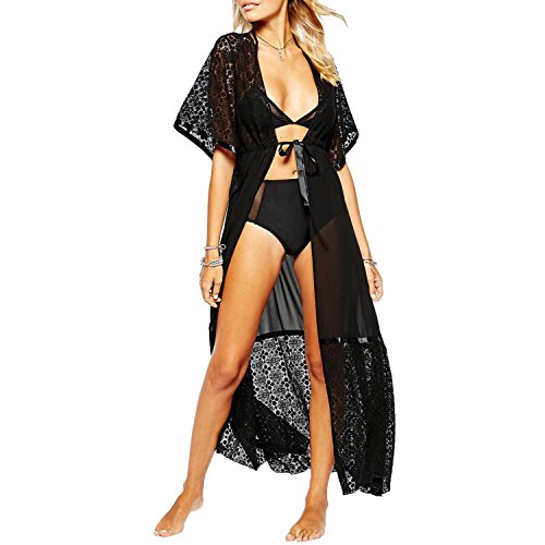 Womenâ€™s Sheer Floral Crochet Maxi Cardigan, Black Beach Long Cover Up Dress