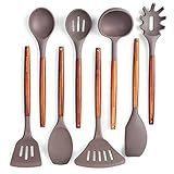 Silicone Kitchen Utensil Set With Acacia Wood Handles - Non Stick, Heat And Water Resistant Cooking Spatulas - Antibacterial, Easy To Clean Serving Spoons - Extra Wide Slotted Turner