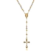 Savlano 14K Gold Plated Beaded Rosary Cross Necklace – 6.5MM Crucifix Cross Medallion Rosary Chain Y-Necklace for Women & Men Religious Jewelry Comes in Gold, Gold-Rose-Silver with a Gift Box