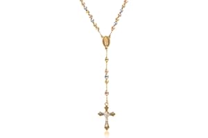 Savlano 14K Gold Plated Beaded Rosary Cross Necklace – 6.5MM Crucifix Cross Medallion Rosary Chain Y-Necklace for Women & Men Religious Jewelry Comes in Gold, Gold-Rose-Silver with a Gift Box