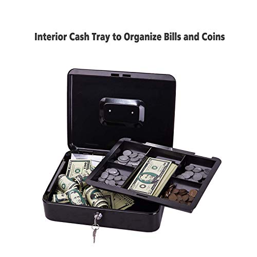CK Wind Large Cash Box with Lock - Premium Steel Box with Money Tray and 2 Keys,Black