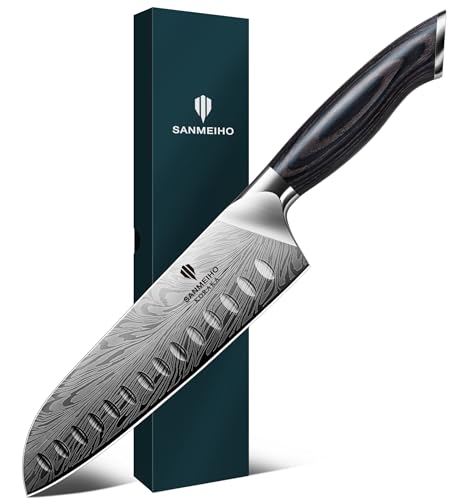 SANMEIHO Powder Steel Kitchen Knife, Japanese Chef's Knife, Santoku Knife, 18 cm, Professional Chef's Knife with High Carbon Content, Sharp Kitchen Knife with Ergonomic Pakka Wood Handle