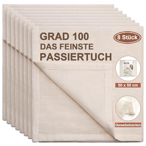 eFond 8 Pieces Reusable Pure Cotton Filter Fabrics Unbleached 50 x 50 cm – Ultra-Thin Washable Strainer for Cheese, Juices and Kitchen – Grade 100 (Filtration Cloth, Cheese Cloth)