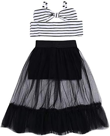 Baby Girl Skirt, Toddler Girls Suspender Striped Crop Top Long Gauze Lace Summer Skirt Set