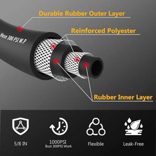Guitrees 100FT 5/8 Heavy Duty Rubber Garden Hose - 300psi Working, 1000psi Burst - Hot/Cold Water - Five-Layered Braiding for Durability - Versatile for Gardening, Agriculture, Construction(Black)