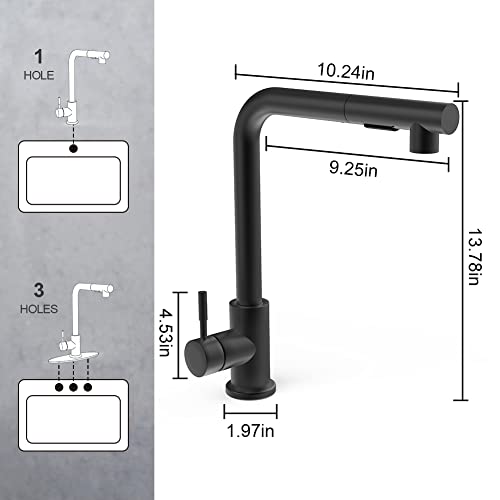 EYSCOTA Küchenarmatur, Spültisch-Mischbatterie aus massivem Messing mit Pull-Down-Sprayer, Einhebel-Einloch-360 ° -Spültischarmatur kalt und heiß, mattschwarz