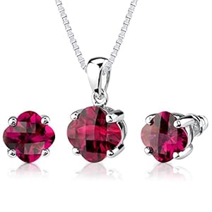 Peora 10 Carats Created Ruby Lily Cut Earrings and Pendant Necklace Jewelry Set for Women 925 Sterling Silver, with 18…