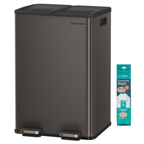 SONGMICS Mülleimer Küche, 2 x 30 Liter, 2 Fächer, Edelstahl