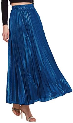 Amormio Women's Glittery Gold/Silver High-Waist Metallic Accordion Pleated Formal Party Maxi Skirt