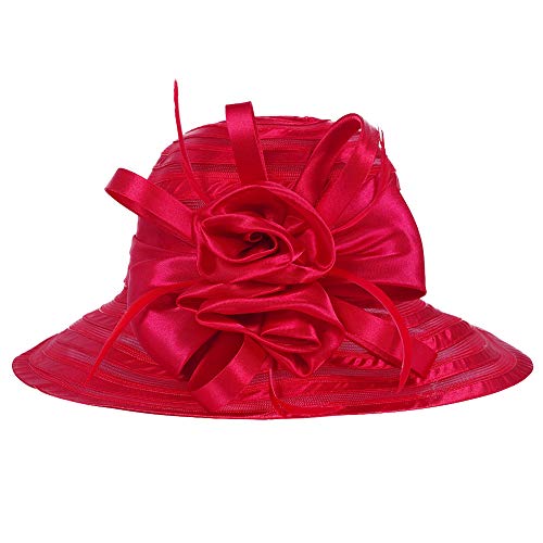 Women's Big Floral Fascinators Kentucky Derby Church Floppy Wide Brim Cloche Bowler Bucket Hat (Red)