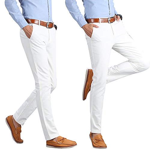 INFLATION Mens Slim Tapered Stretch Flat Front Casual Pants 100% Cotton Dress Pants Trousers for Men,22 Color Choices,White Pants Size 30