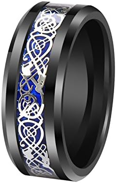 EMISTY 8mm Black Tungsten Carbide Ring Silvering Celtic Dragon Blue Carbon Fibre Wedding Gift Band Mens Size 10.5