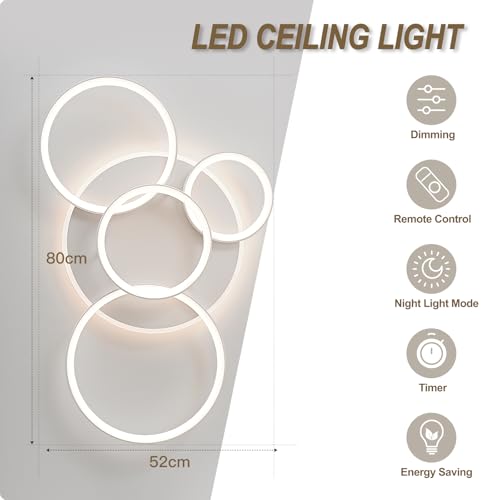 MOUNM Modern LED Ceiling Light, Bedroom Chandelier, Dimmable LED Ceiling Light, 3000 K-6000 K for Living Room, Bedroom, Dining Room, 60 W, 5600 lm