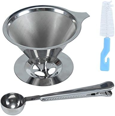 Ottertooth Paperless Pour Over Coffee Dripper, Permanent Stainless Steel Double Mesh Washable Coffee Filter + Scoop with Bag Clip + Cleaning Brush, for 1-4 cups (Stand Integration)