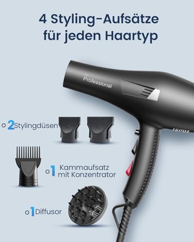 Professional Hair Dryer Ion Hair Dryer Hair Dryer with 1 Diffuser, 2 Styling Nozzles, 3 Heating and 2 Speed Levels, 1.9 Metre Long Power Cable, Strong Hair Dryer for Family (Graphite) | 1 Diffusor 2 Stylingdüse, 3 Heiz und 2 Geschwindigkeitsstufen, 1.9 Meter langes Netzkabel, Starker Fön für Familie ( Graphit)