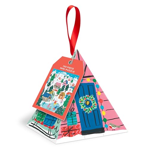 Galison Alpine Cottage – 130 Piece Pyramid Shaped Puzzle Ornament Featuring Colorful Illustration of Alpine Life During Wintertime