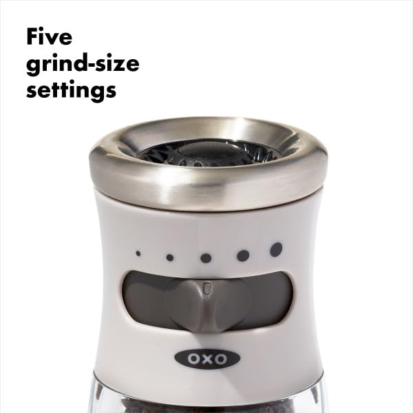 OXO Good Grips Contoured Mess-Free Pepper Grinder, Adjustable Ceramic Grinder with Five Settings, Black Pepper Mill for Home and Kitchen, Spice Tool and Kitchen Gadget