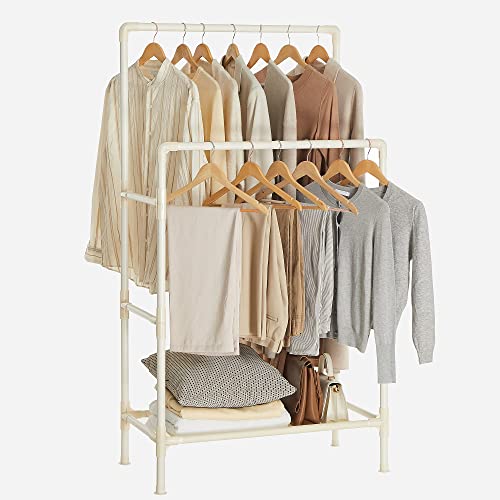 SONGMICS Donkey Clothing, Metal Donkey Coat Rack with 2 Hanging Bars, with a Storage Shelf, Load Capacity 55 kg, Easy Assembly, White RDR01WT