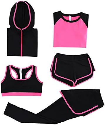 VANSYDICAL Women's Yoga Suit, 5 Piece Running Jogging Tracksuit Gym Fitness Outfit Workout Sweatsuit Activewear Set for Women/Girls