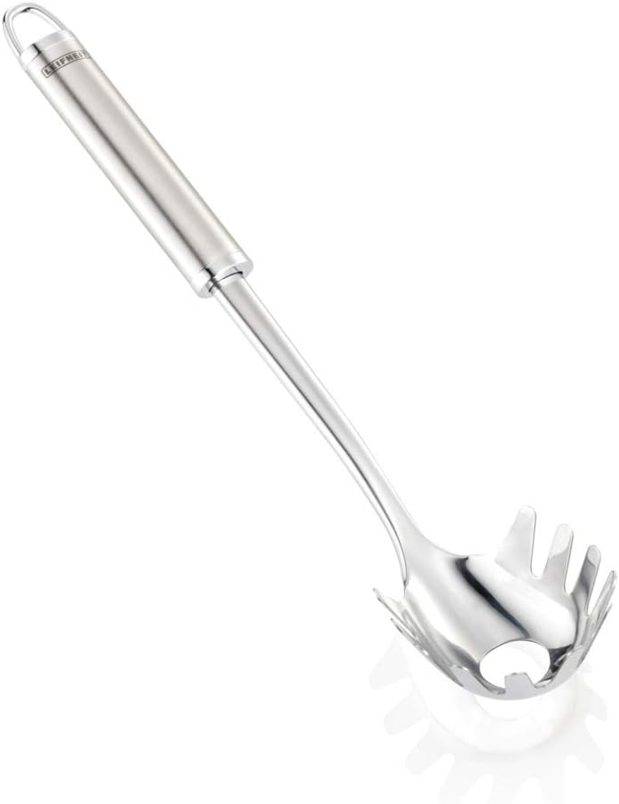 Leifheit Spaghettilöffel Sterling-Serie, Nudellöffel aus rostfreiem Edelstahl in hochwertigem Design, Nudelzange ovalem Griff und praktischer Aufhängeöse, Nudelkelle, Spaghettilöffel, silber