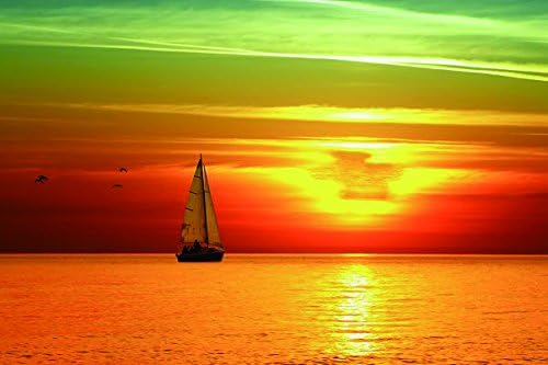 Decline sailing vessel birds orange sun lunar path sea horizon sky- Nature Art Poster Print on Canvas 20x29in (P-1000074)