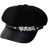 Besforta Women Newsboy Cap French Fashion Bling Rhinestone PU Leather Cabbie Beret Cap Painter Hats