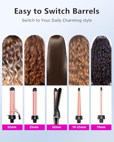 5 in 1 Curling Iron with Heat Brush and Interchangeable Ceramic Barrels (9mm-32mm), Curling Iron Set with Straightening Iron, Instant Heating, Dual Voltage, Gifts for Women