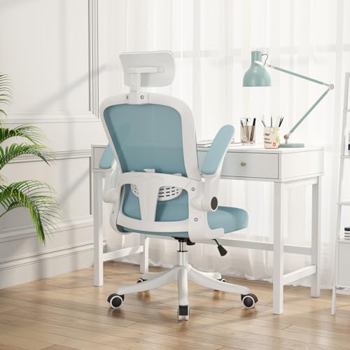 MOZOGOT Ergonomic Office Chair with Lumbar Support & Headrest & Flip-up Arms Height Adjustable Rocking Home Office Desk Chairs for Teens and Adults (Blue Mesh)