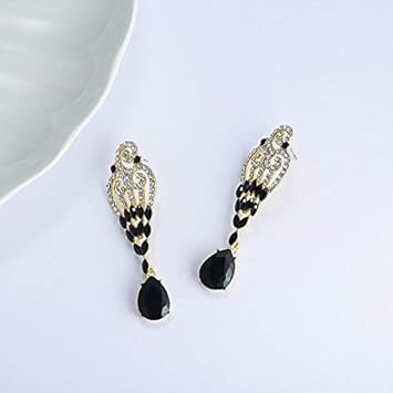 Amazon N Eファッションブランドエレガントシャイニングラインストーンダングルイヤリングカラフル花嫁ジュエリーラグジュアリーウェディングアクセサリーブラック Jiao スポーツ アウトドア