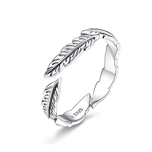 100% Pure 925 Sterling Silver Boho Style Feather Free Size Adjustable Finger Rings for Women Vintage Fine Jewellery