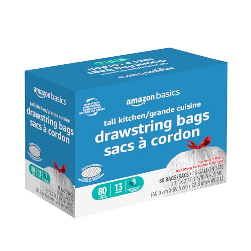 AMAZON BASICS ULTRA-FORCE TALL KITCHEN DRAWSTRING TRASH BAGS, CLASSIC CLEAN SCENTED, 13 GALLON, 80 COUNT, PACK OF 1