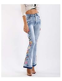 Pantalones vaqueros de dama con diseño floral bordado de alta altura