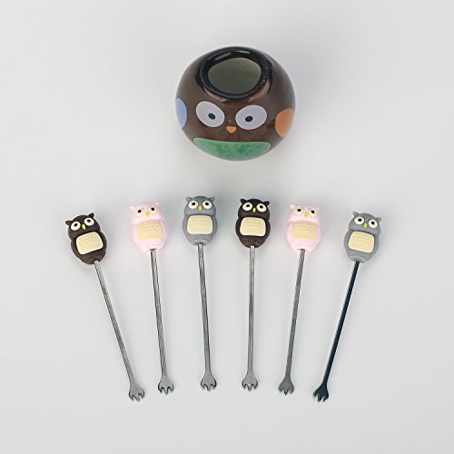 Zeltauto 6 Pcs Stainless Steel Fruit Forks Cute Cartoon Animal Food Picks Salad Cake Dessert Forks, Comes with a Ceramic Holder (Owl)