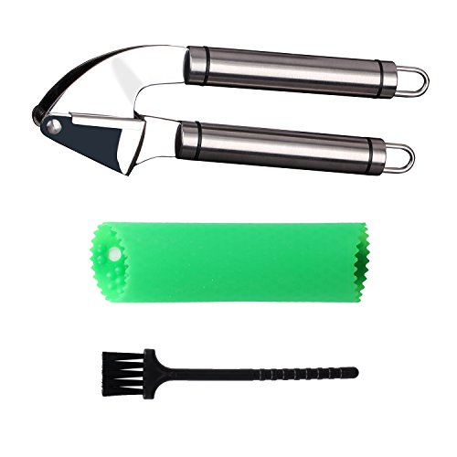 HiramWare Garlic Press, Stainless Steel Garlic Mincer with Peeler and Cleaning Brush, also Called Garlic Crusher or Garlic Squeezer, Dish-washer Safe Kitchen Gadgets, Tube Roller Made of