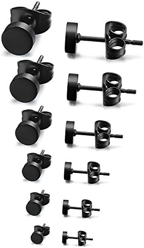SHINever Stainless Steel Mens Womens Stud Earrings Pierced Tunnel Black 3-8mm 6-12 Pairs (A: 6 Pairs Black)