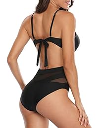 Holipick Trajes de baño de una pieza para mujer con escote en V de cintura alta y malla acanalada