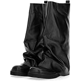 MAVMAX Women Fold Over Knee High Boots Casual Round Toe Coverd Slouched Leather Pull On Wide Calf Chunky Low Heel Platform Boots, 8, Black
