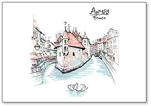 Aimant de réfrigérateur classique dessiné à la main de la ville d’Annecy, Venise des Alpes, France