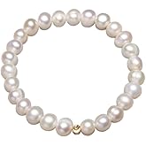 ERLOSYA Cute Beaded Freshwater Cultured Pearl Bracelets for Women, Dainty Handmade Gold Bead Ball Pearl Stretch Bracelet Simple Jewelry for Woman