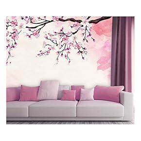 Large Wall Mural - Watercolor Style Ink Painting Pink Cherry Blossom | Self-Adhesive Vinyl Wallpaper/Removable Modern Wall Decor - 66x96 inches