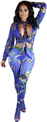 Women V Neck Floral Bodycon Bandage Clubwear Crop Tops Legging Pants 2 Pieces Set Outfits